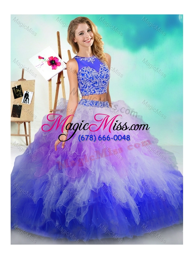 wholesale fashionable see through beaded and ruffled unique quinceanera dress in rainbow colored