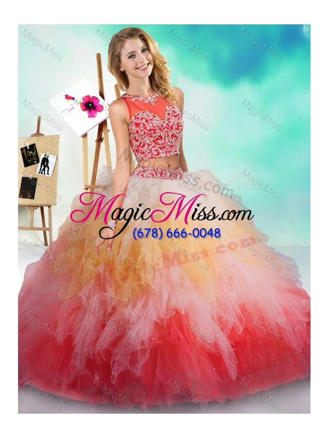 wholesale fashionable see through beaded and ruffled unique quinceanera dress in rainbow colored