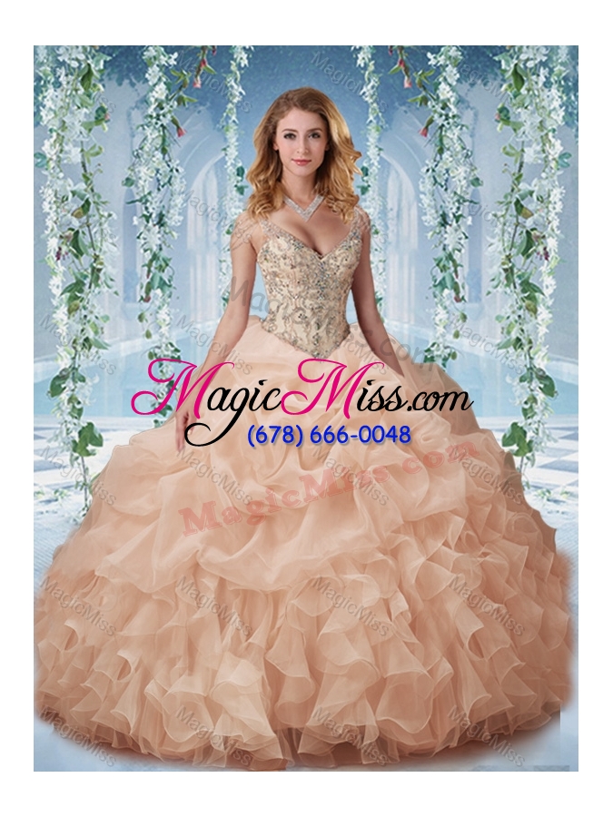 wholesale beaded and ruffled aqua blue quinceanera dress with beaded decorated cap sleeves