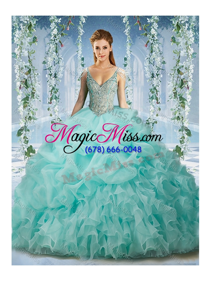 wholesale beaded and ruffled aqua blue quinceanera dress with beaded decorated cap sleeves