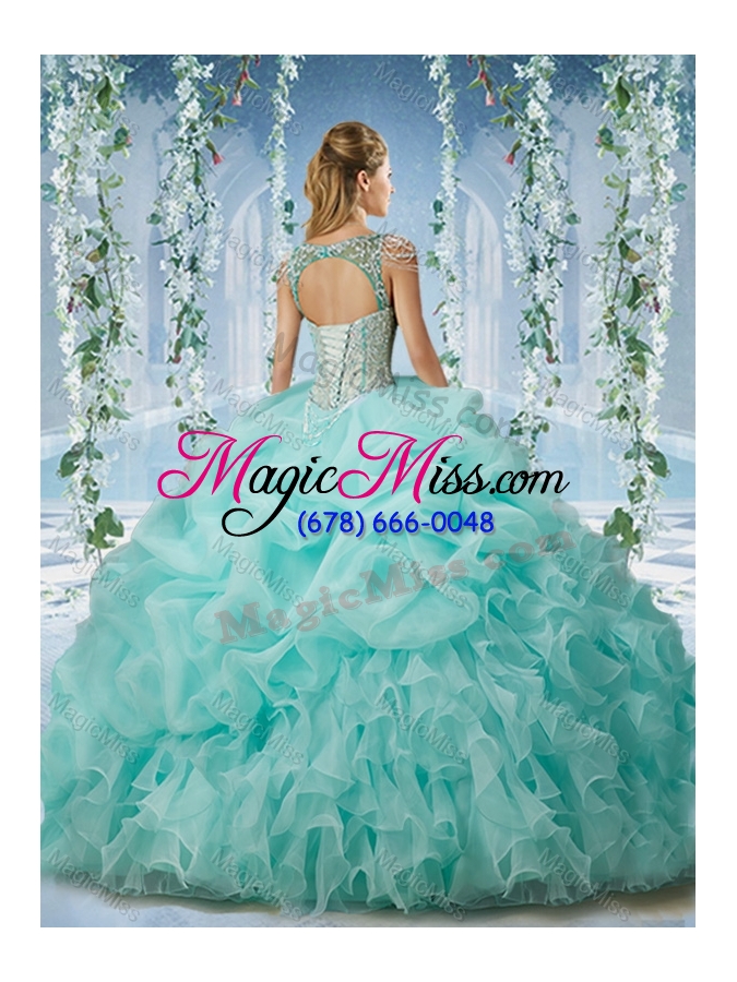 wholesale beaded and ruffled aqua blue quinceanera dress with beaded decorated cap sleeves