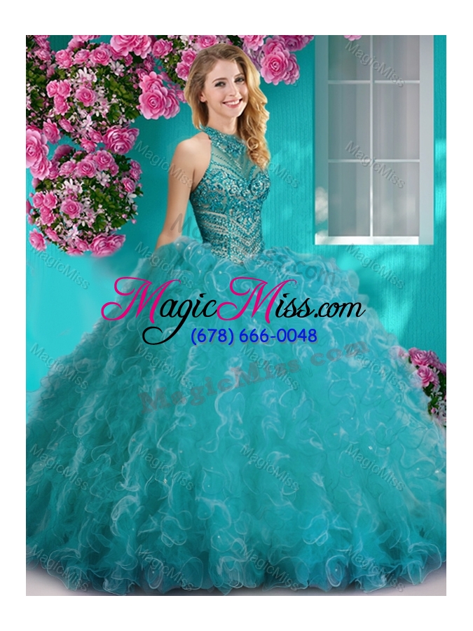 wholesale cheap halter top beaded and ruffled sweet 16 dress with puffy skirt