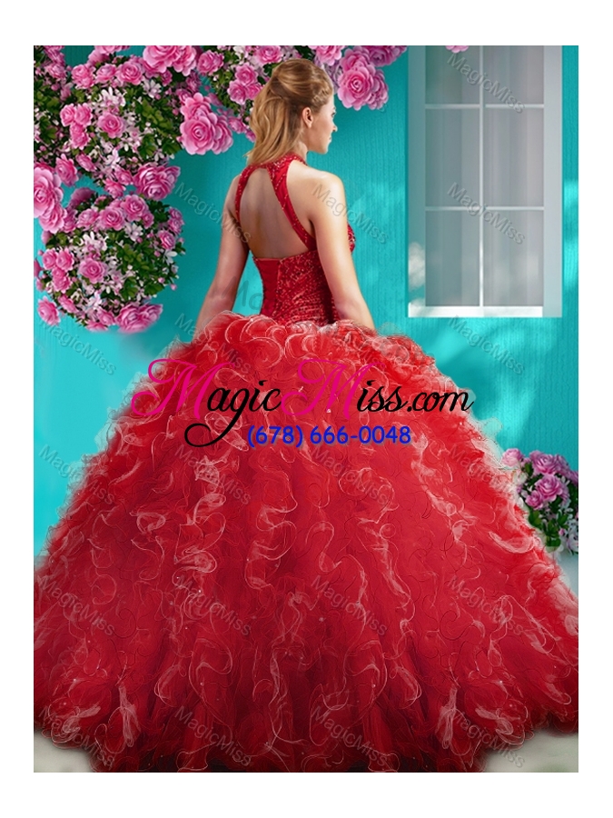 wholesale cheap halter top beaded and ruffled sweet 16 dress with puffy skirt