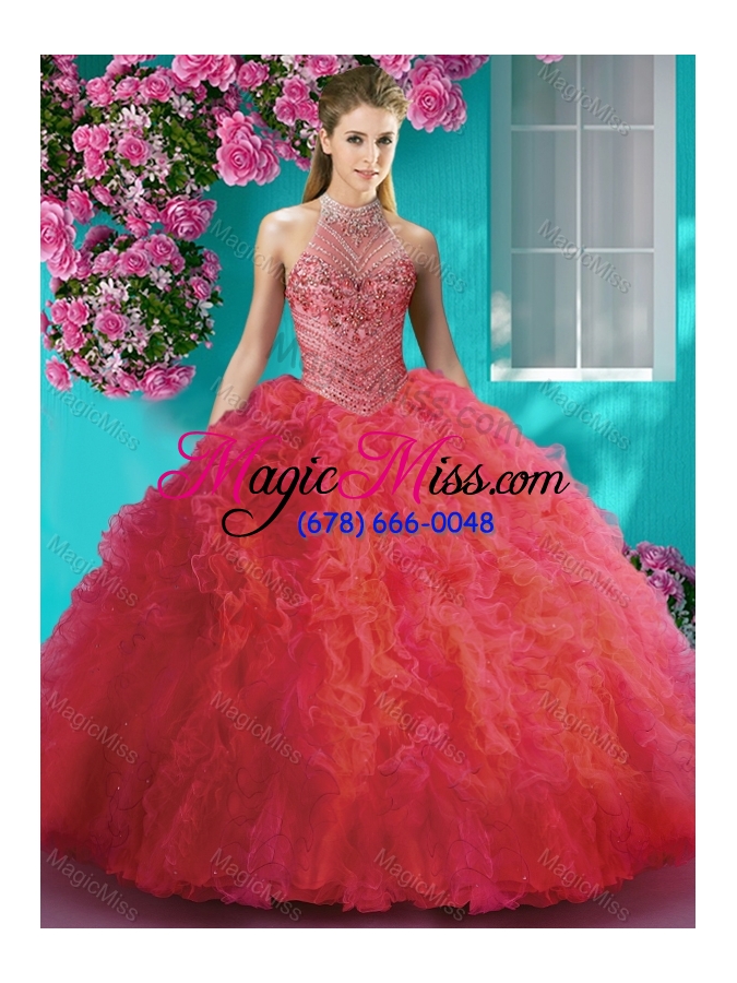 wholesale cheap halter top beaded and ruffled sweet 16 dress with puffy skirt