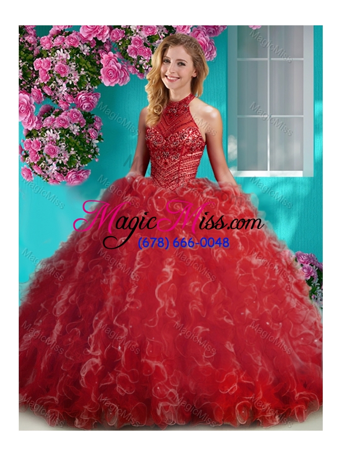 wholesale cheap halter top beaded and ruffled sweet 16 dress with puffy skirt