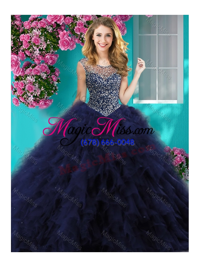 wholesale delicate see through scoop big puffy quinceanera gown with beading and ruffles