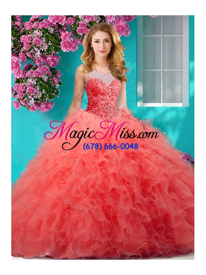 wholesale delicate see through scoop big puffy quinceanera gown with beading and ruffles