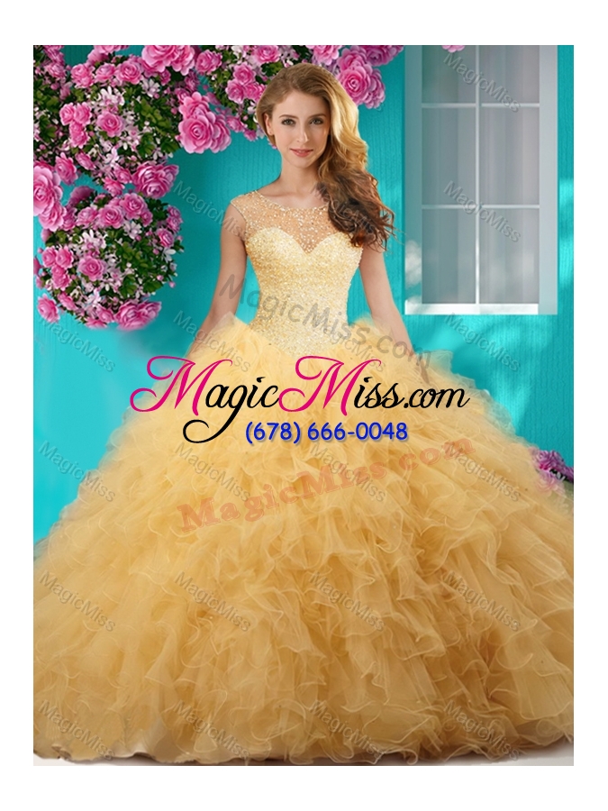 wholesale delicate see through scoop big puffy quinceanera gown with beading and ruffles