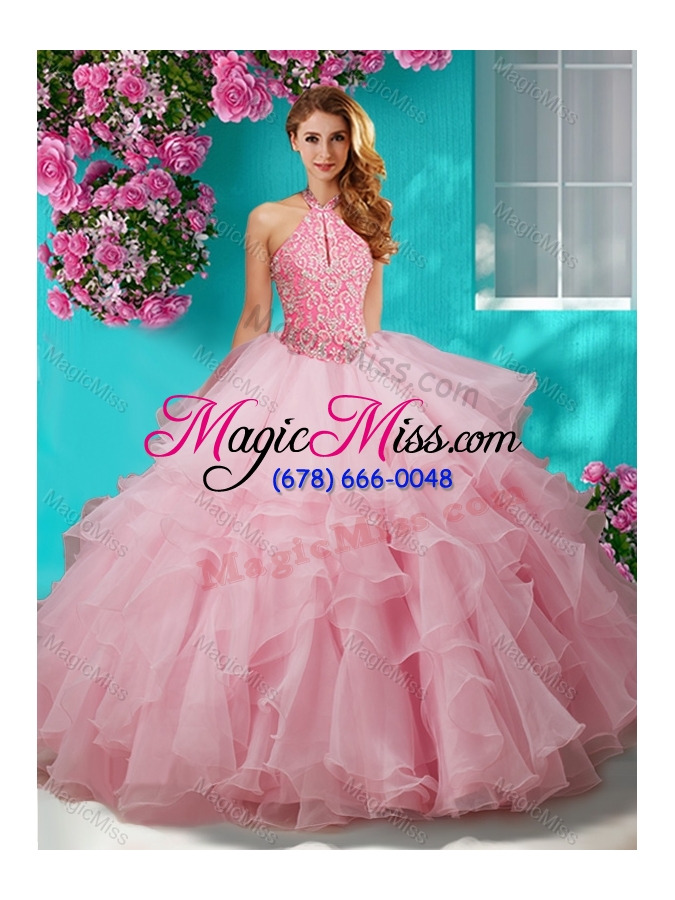 wholesale decent beaded and ruffled layers quinceanera gown with halter top