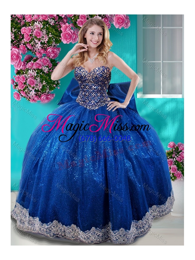 wholesale unique ball gown sequins bowknot and beaded royal blue quinceanera dress with sweetheart