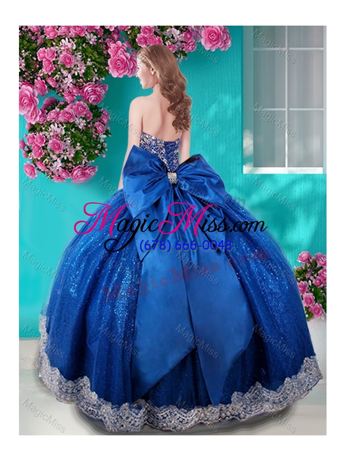 wholesale unique ball gown sequins bowknot and beaded royal blue quinceanera dress with sweetheart