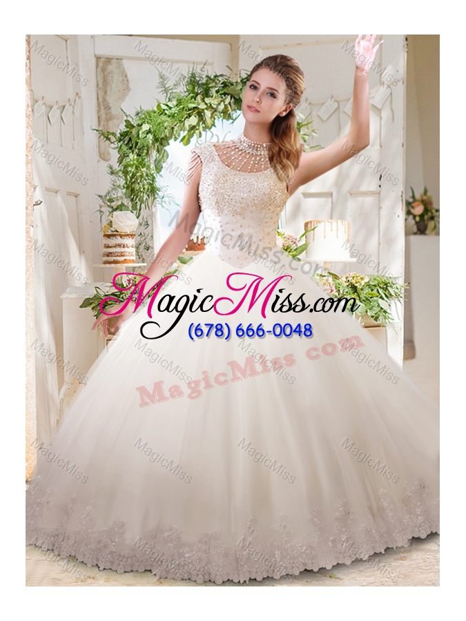 wholesale see through ball gowns high neck lace beaded quinceanera dress with zipper up