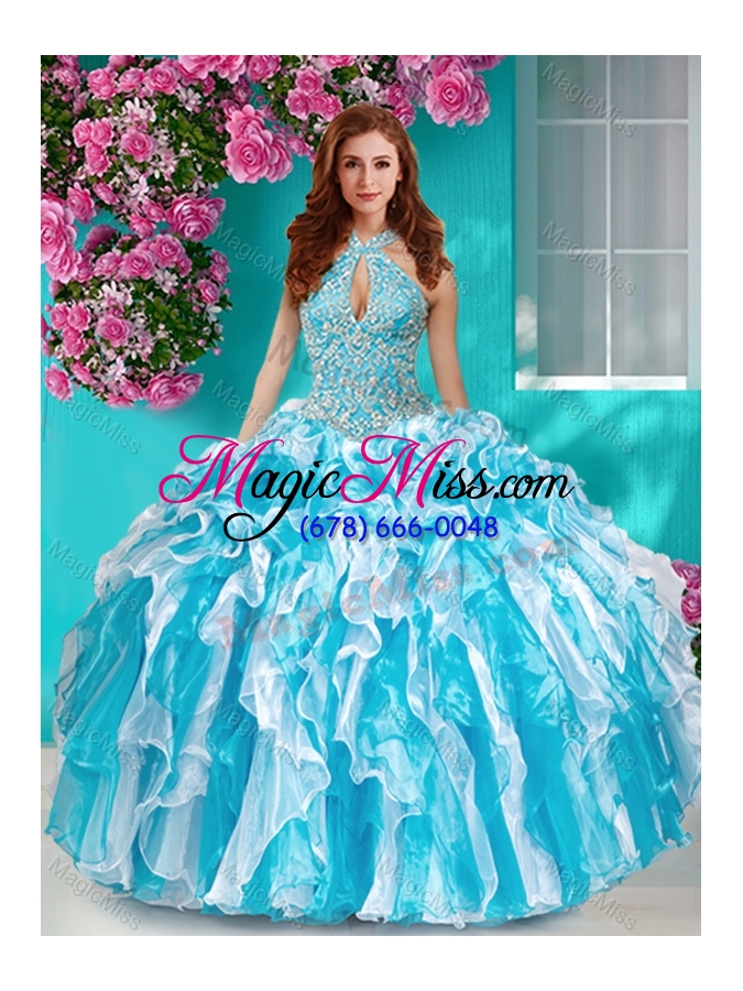 wholesale classical beaded and ruffled halter top quinceanera dress in baby blue and white