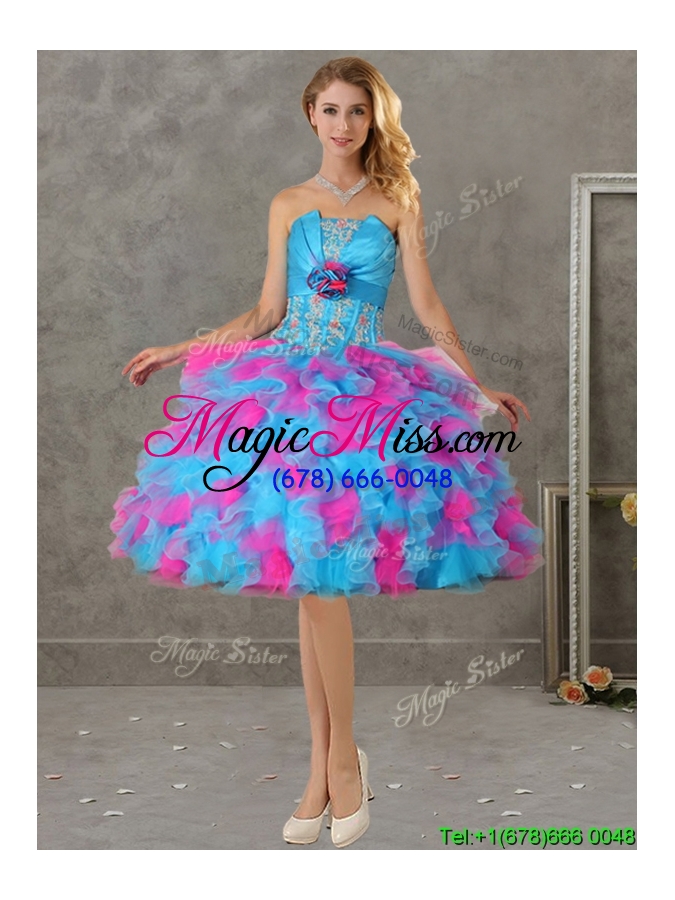 wholesale romantic hand made flowers and ruffled big puffy detachable quinceanera dresses in blue and pink