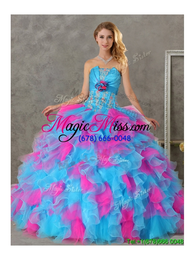 wholesale romantic hand made flowers and ruffled big puffy detachable quinceanera dresses in blue and pink