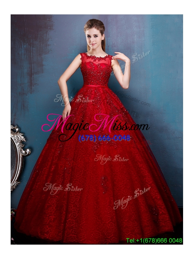 wholesale see through scoop wine red bridesmaid dress with beading and appliques