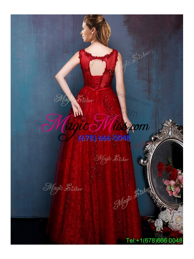 wholesale see through scoop wine red bridesmaid dress with beading and appliques