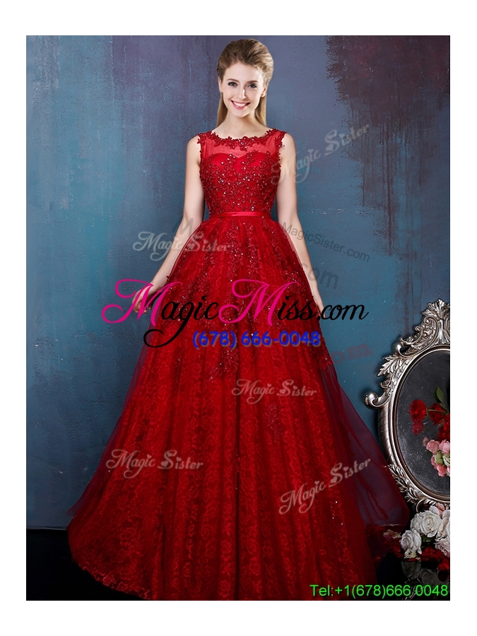 wholesale see through scoop wine red bridesmaid dress with beading and appliques