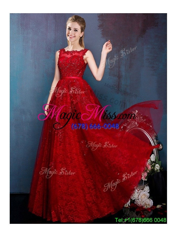 wholesale see through scoop wine red bridesmaid dress with beading and appliques