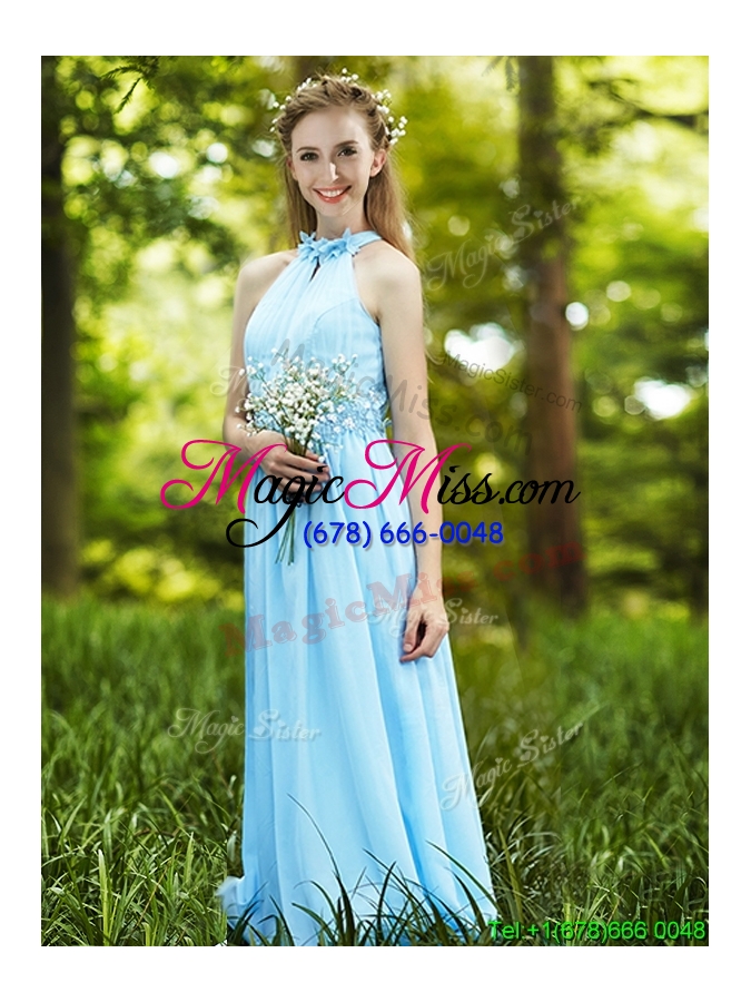 wholesale modest light blue empire long bridesmaid dress with appliques