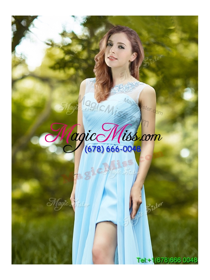 wholesale modest light blue empire long bridesmaid dress with appliques