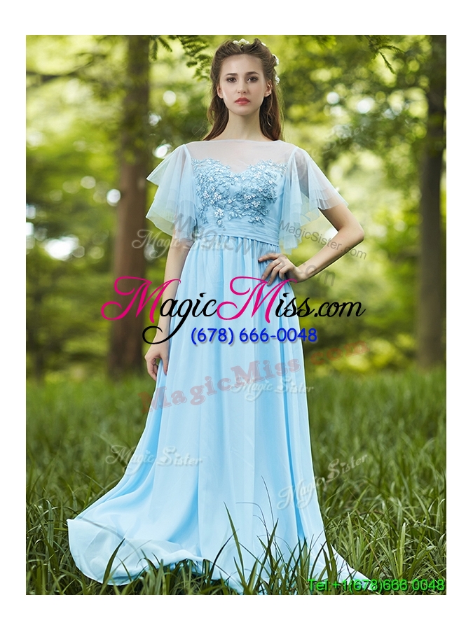 wholesale modest light blue empire long bridesmaid dress with appliques