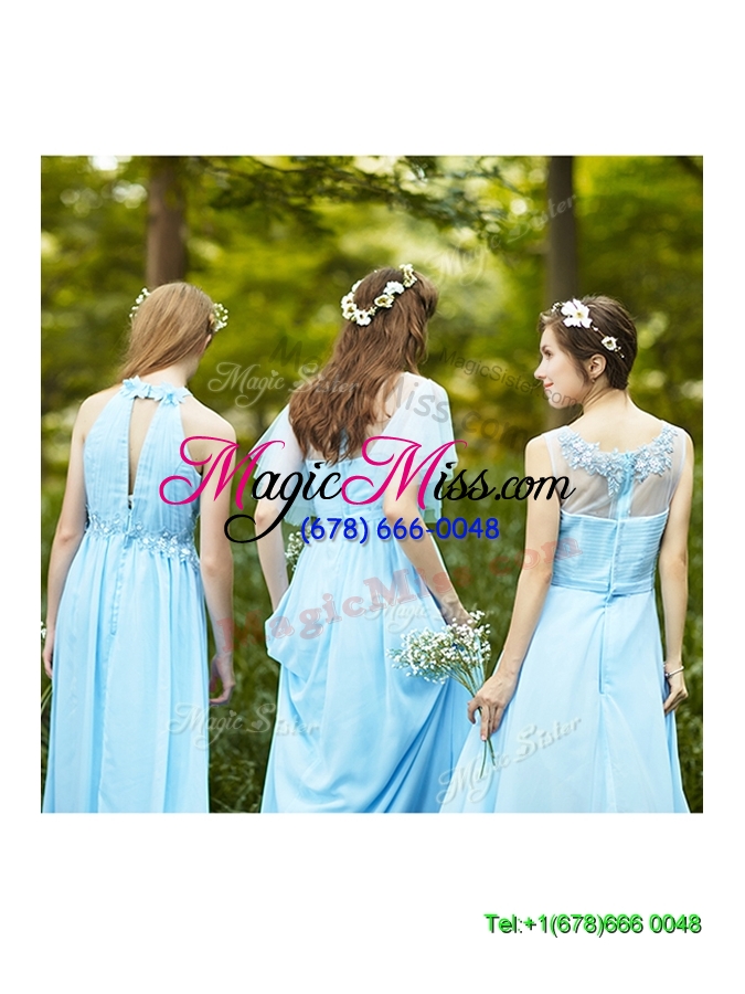 wholesale modest light blue empire long bridesmaid dress with appliques