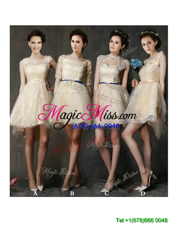 wholesale see through scoop champagne bridesmaid dress with hand made flowers and bowknot