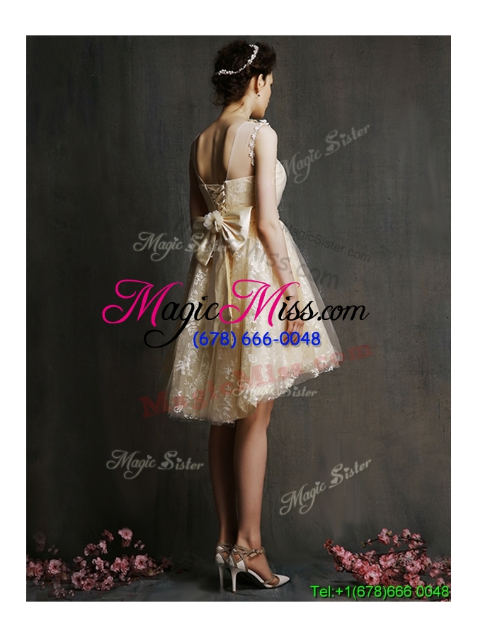 wholesale see through scoop champagne bridesmaid dress with hand made flowers and bowknot