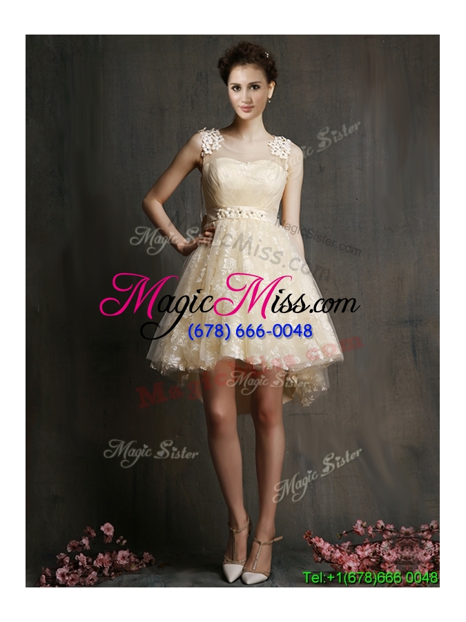 wholesale see through scoop champagne bridesmaid dress with hand made flowers and bowknot