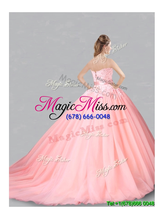 wholesale classical court train belted and applique sweet 16 dress in baby pink