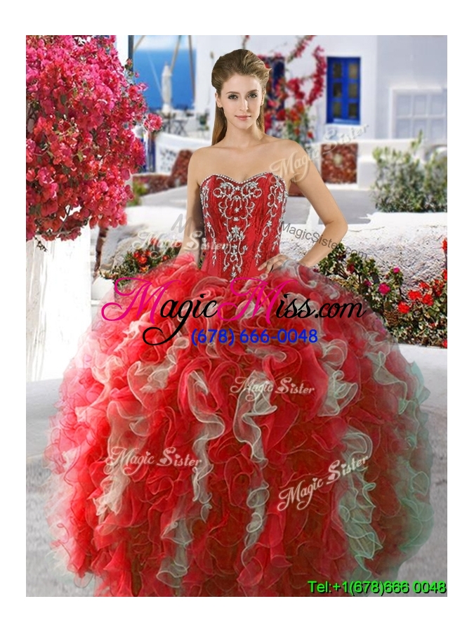 wholesale discount red and white sweet 16 dress with beading and ruffles