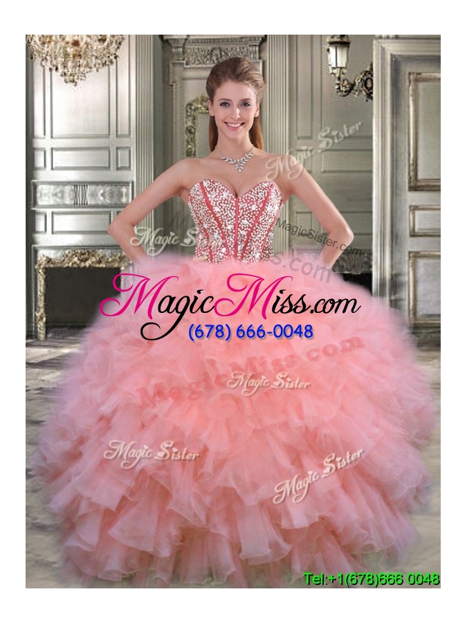 wholesale visible boning beaded bodice and ruffled quinceanera dress in watermelon red