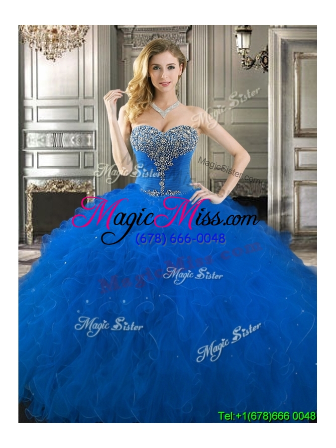 wholesale popular beaded bodice and ruffled really puffy quinceanera dress in royal blue