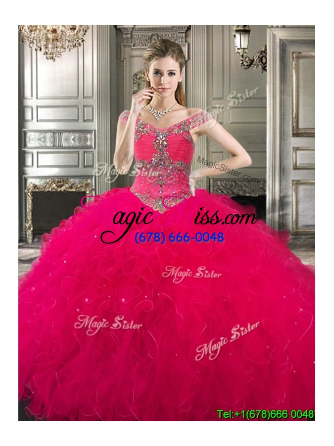 wholesale classical off the shoulder cap sleeves quinceanera dress with beading and ruffles