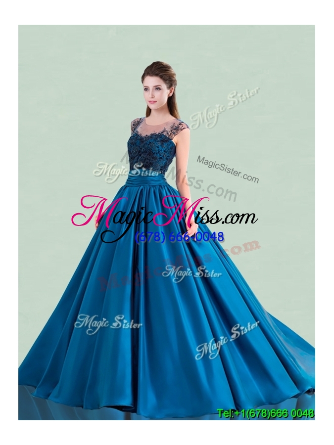 wholesale see through scoop brush train quinceanera dress with cap sleeves