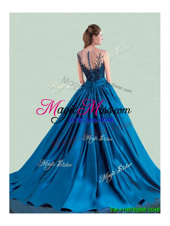 wholesale see through scoop brush train quinceanera dress with cap sleeves