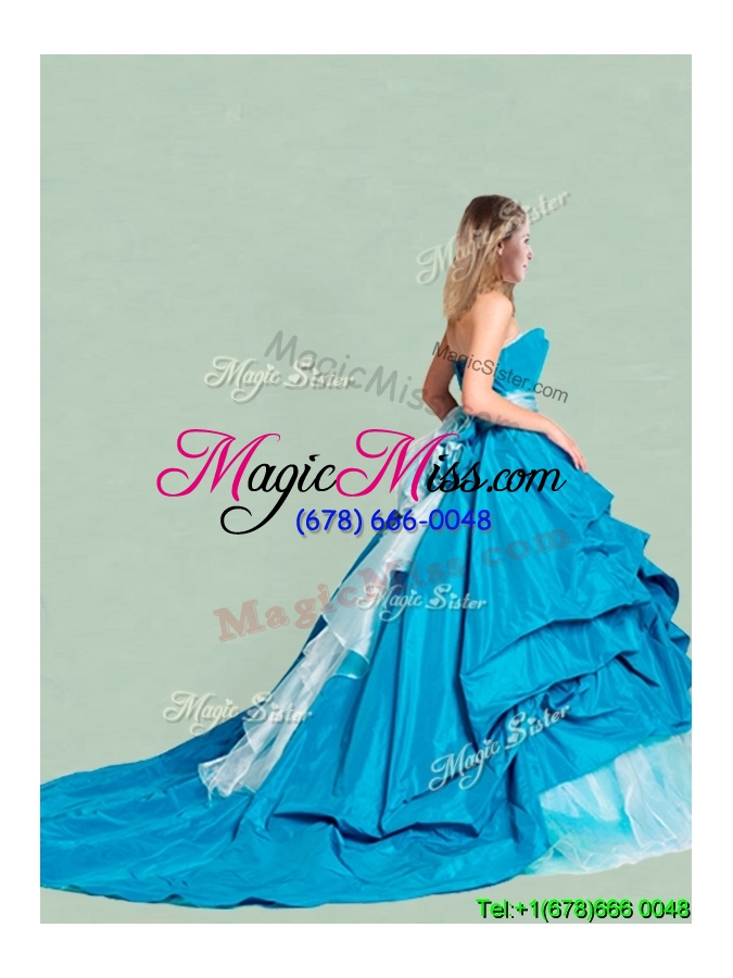 wholesale beautiful handcrafted flowers and ruffled strapless quinceanera dress with brush train