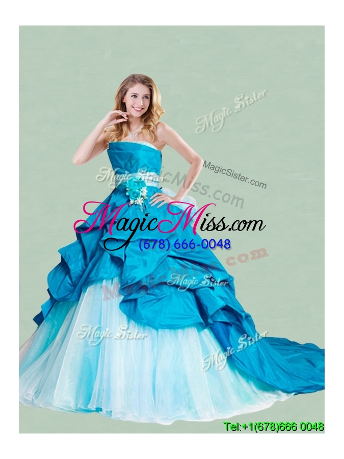 wholesale beautiful handcrafted flowers and ruffled strapless quinceanera dress with brush train