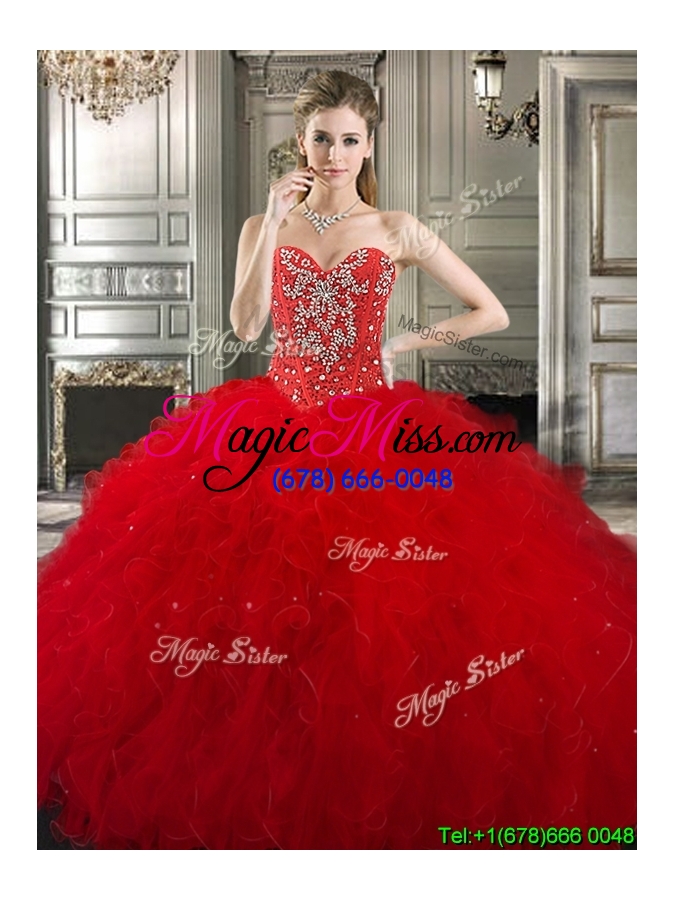 wholesale new style red tulle sweet 16 dress with beading and ruffles