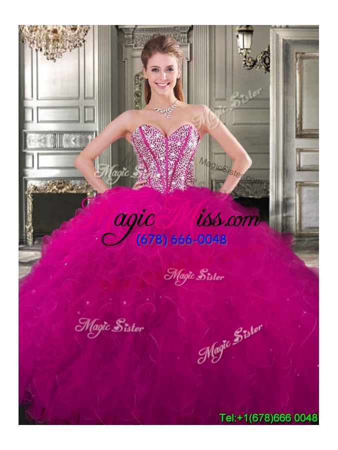 wholesale popular beaded and ruffled big puffy sweet 16 dress in fuchsia