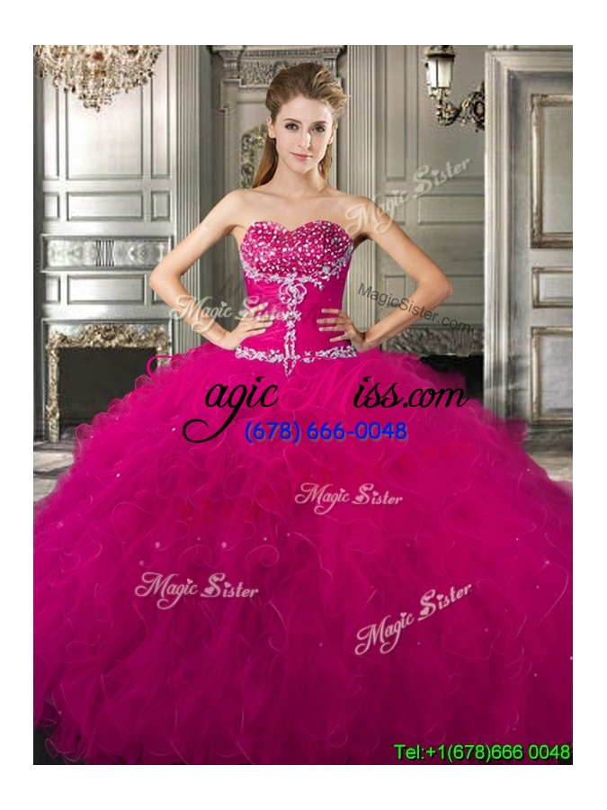 wholesale affordable beaded and ruffled fuchsia sweet 16 dress in tulle