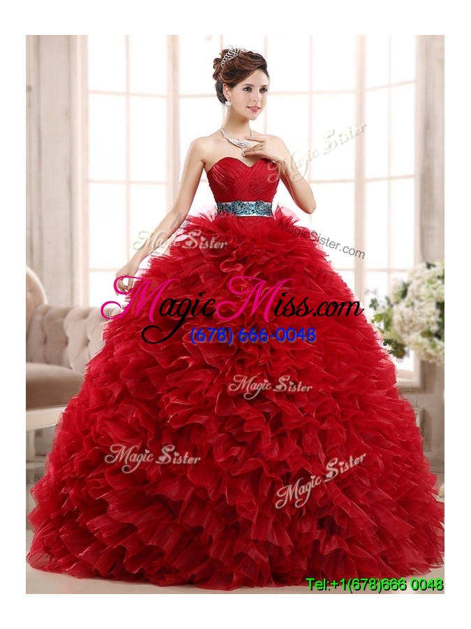 wholesale luxurious sashed and ruffled sweet 16 dress in wine red