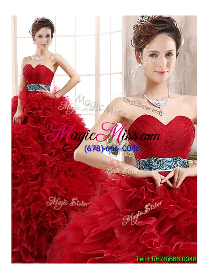 wholesale luxurious sashed and ruffled sweet 16 dress in wine red