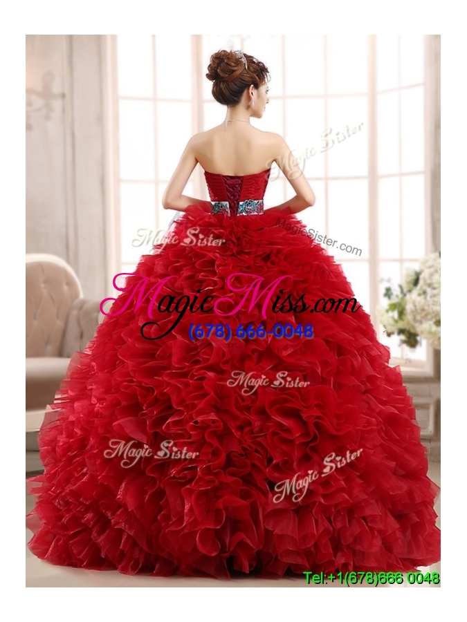 wholesale luxurious sashed and ruffled sweet 16 dress in wine red