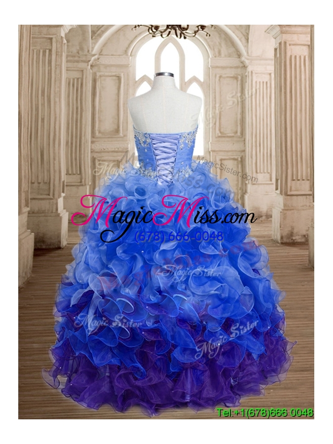 wholesale discount beaded and ruffled organza sweet 16 dress in rainbow