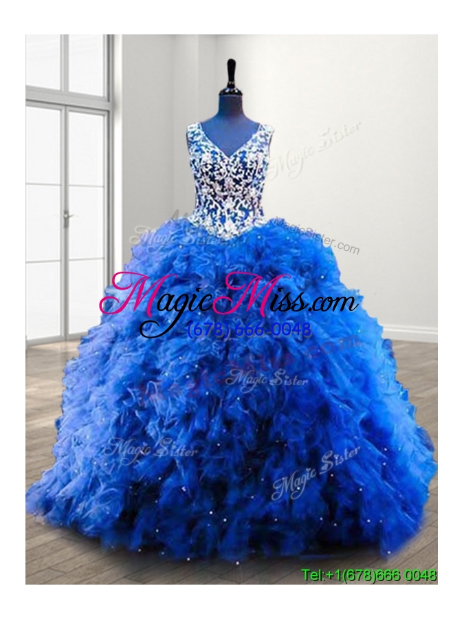 wholesale popular v neck beading and ruffles sweet 16 dress in royal blue