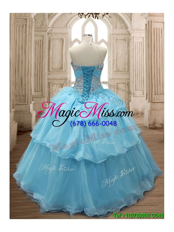 wholesale comfortable baby blue organza sweet 16 dress with beading and ruffled layers