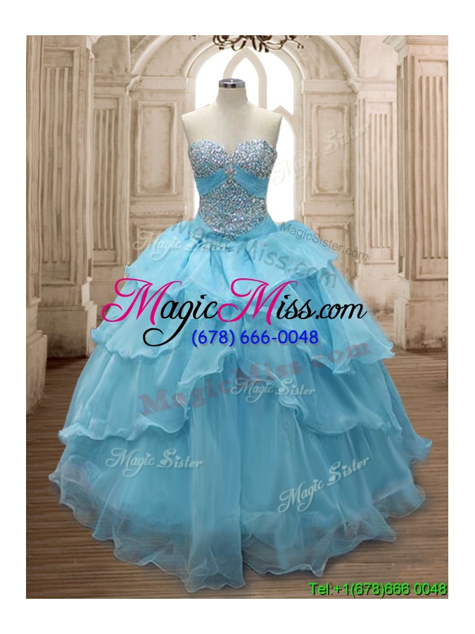 wholesale comfortable baby blue organza sweet 16 dress with beading and ruffled layers