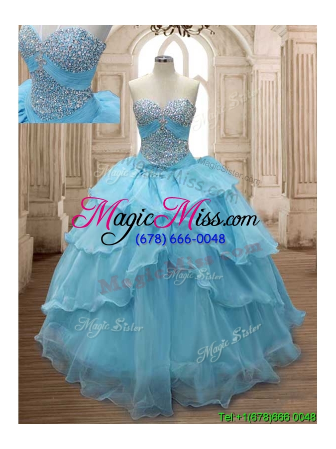 wholesale comfortable baby blue organza sweet 16 dress with beading and ruffled layers